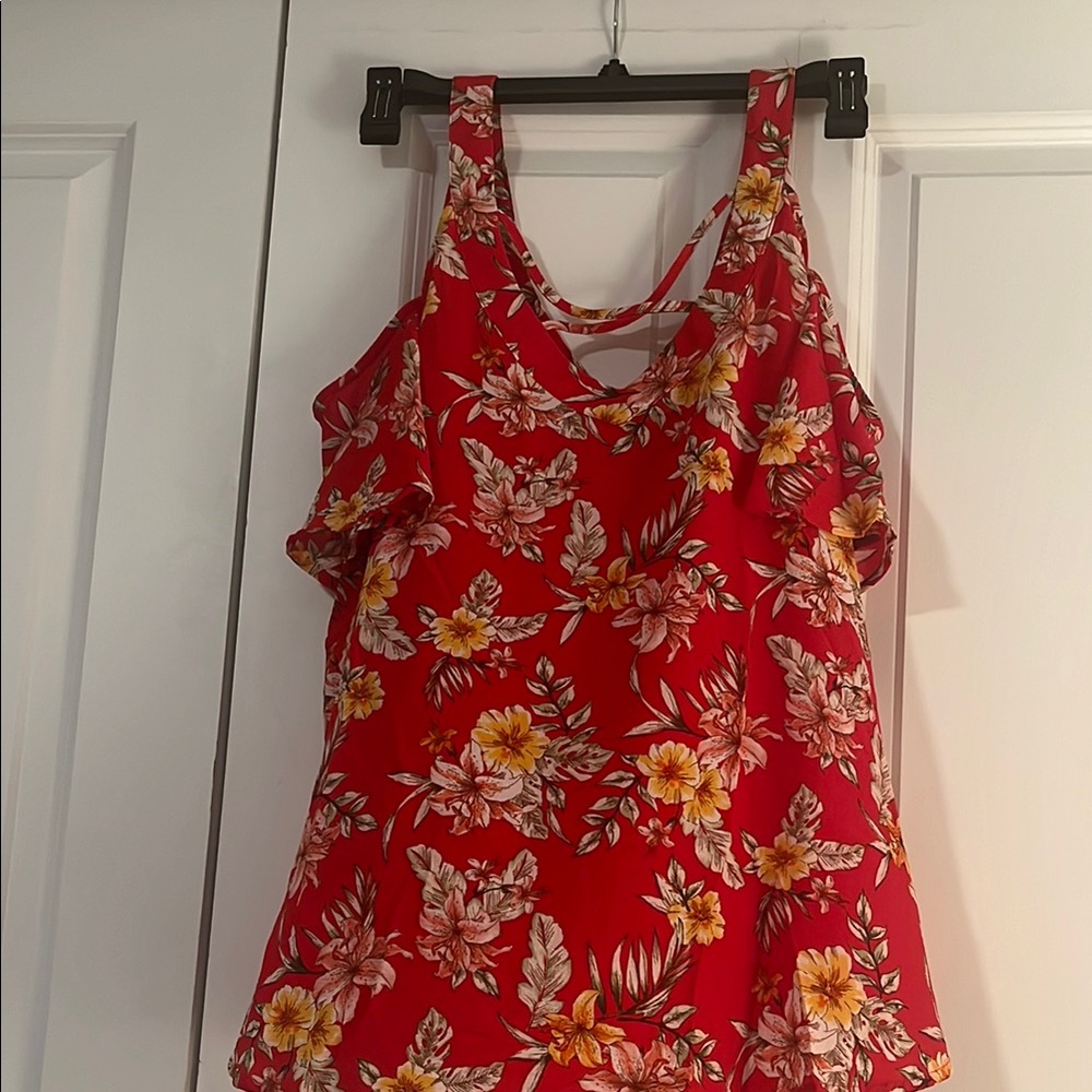 Red Floral Ruffled Sleeveless Tank Top